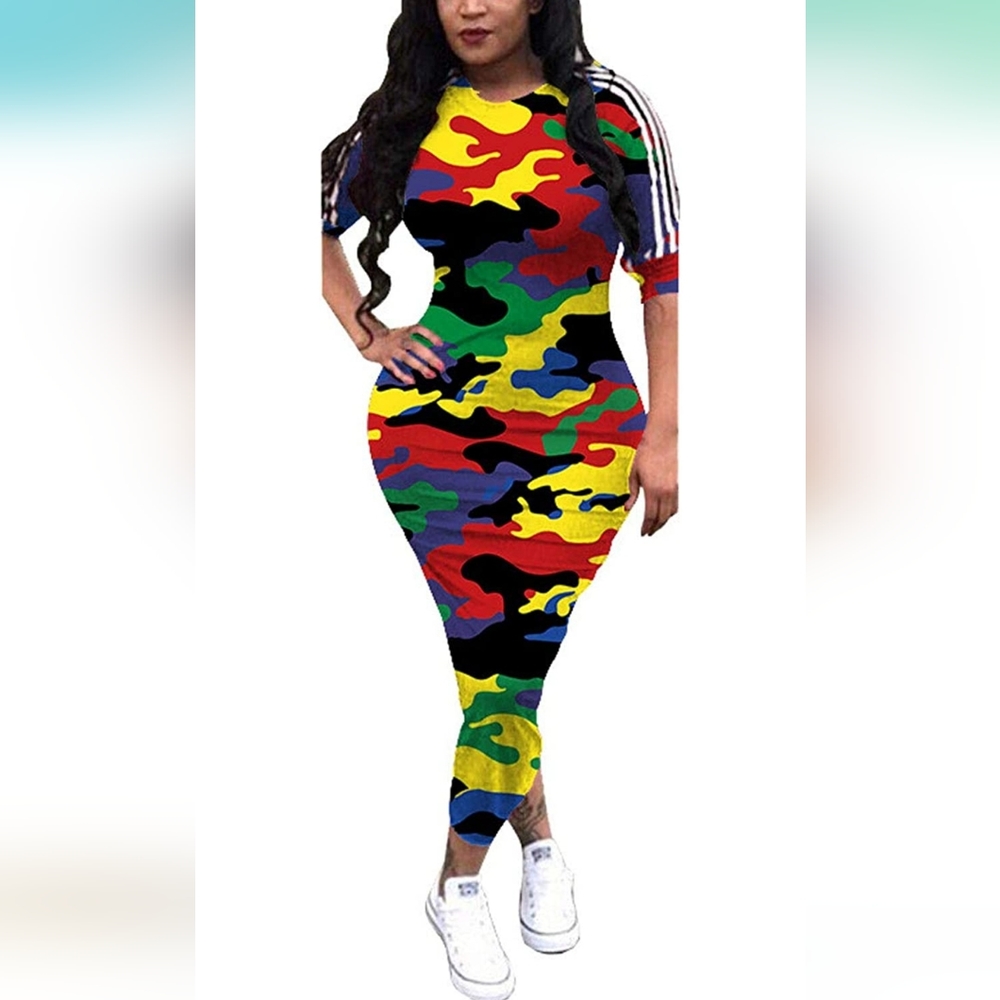 Women's Crewneck Striped Camo/MULTI Color Half Sleeve Bodycon long pencil dress.